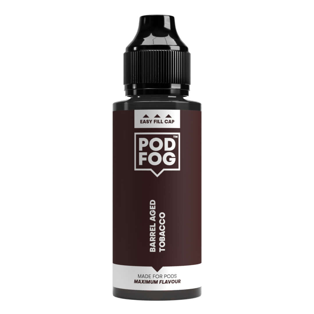 POD FOG Barrel Aged Tobacco 120ml Long Fill bottle with easy fill cap, ideal for pod devices, maximum flavour concentrate.