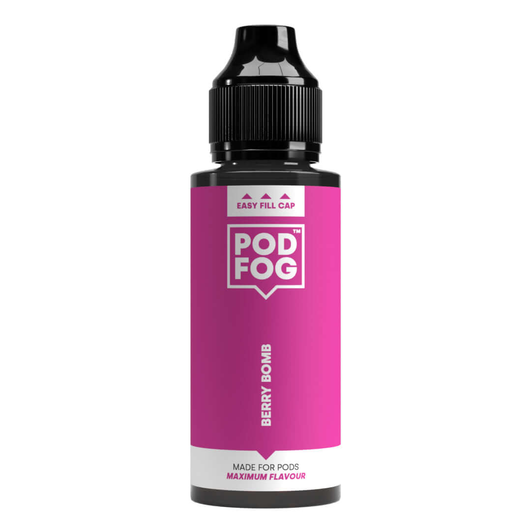 "Berry Bomb 120ml Long Fill by POD FOG, ideal for pod devices with 50/50 mix, vibrant pink bottle, e-liquid flavor concentrate"