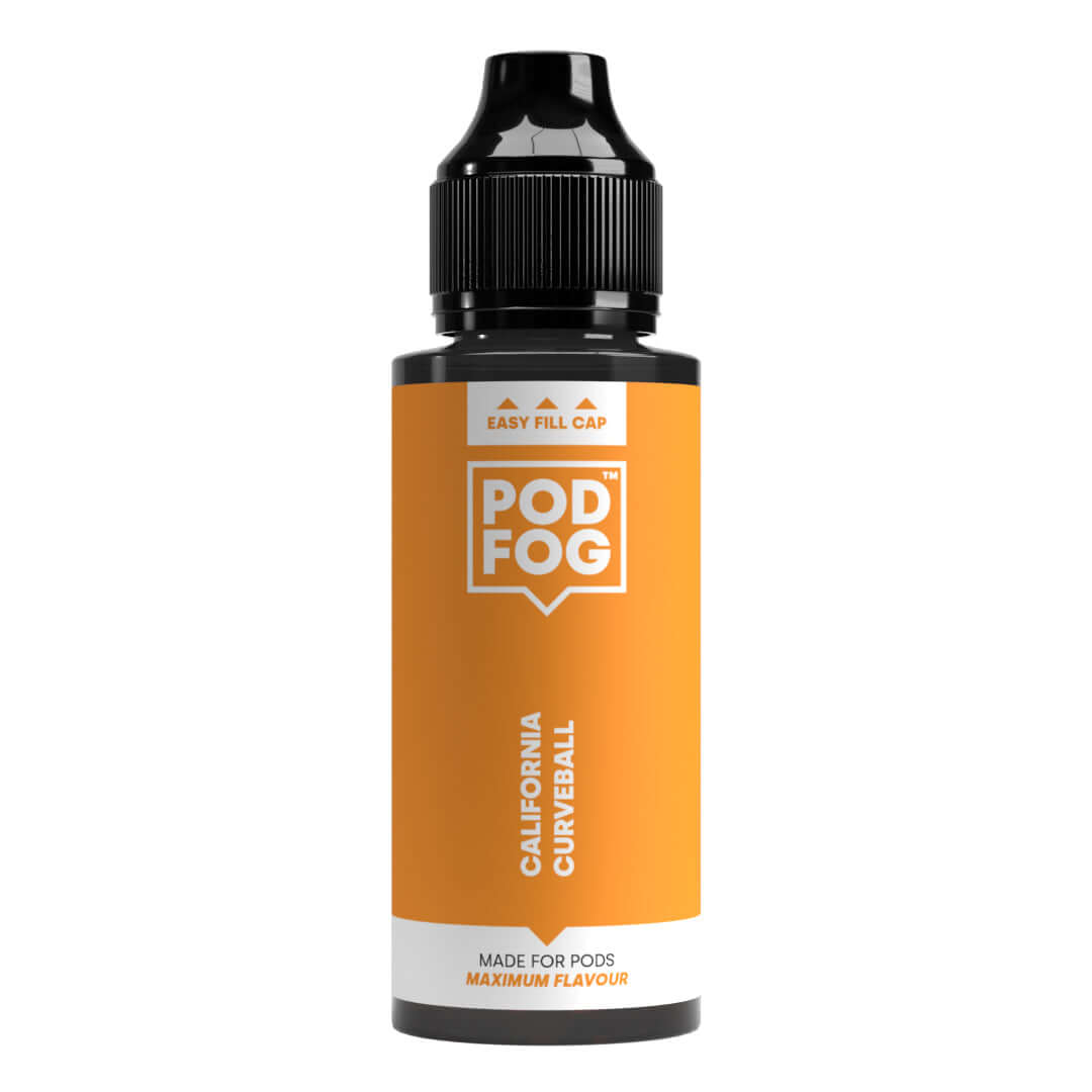 POD FOG California Curveball 120ml bottle for pod devices with juicy peach and California orange bubble gum flavor.