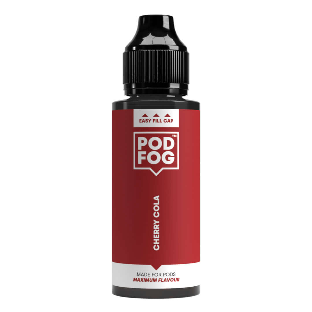 Cherry Cola 120ml Long Fill by POD FOG, ideal for pod devices, with 22% flavor concentrate, perfect for creating a 50/50 e-liquid mix.