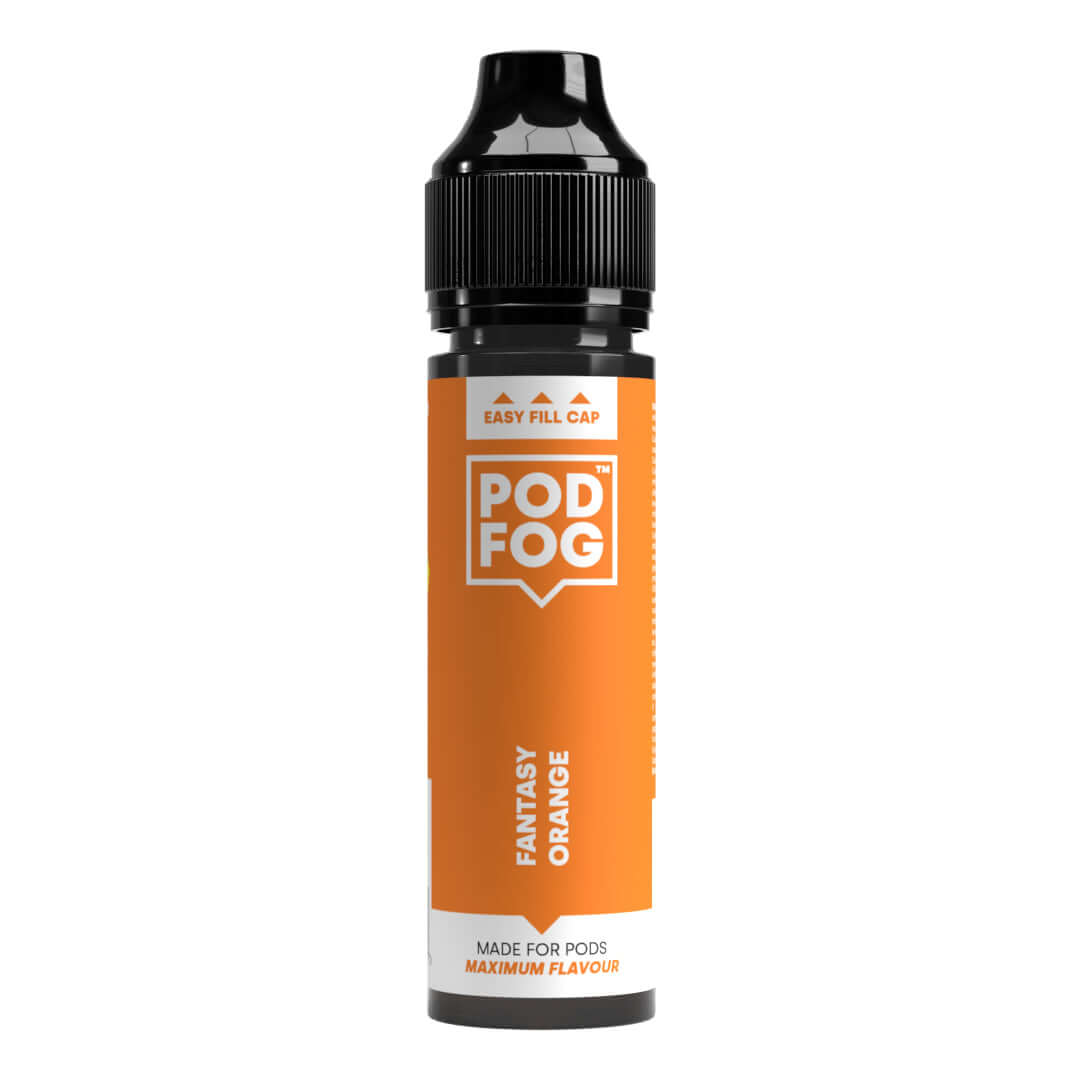 POD FOG Fantasy Orange 60ml Long Fill e-liquid bottle for pod devices, 25% flavor concentrate, ideal 50/50 mix, nicotine options available.