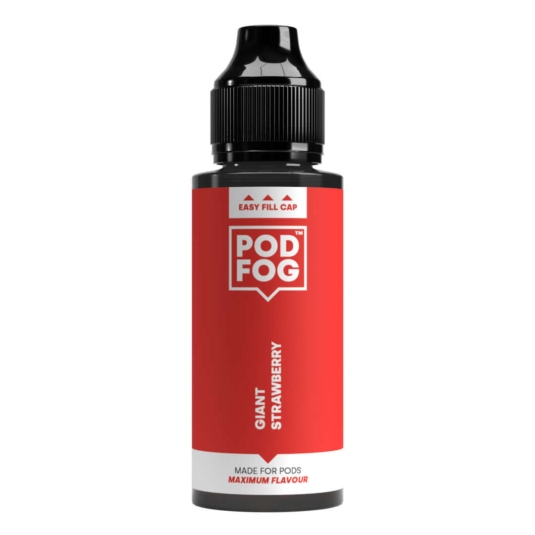 POD FOG Giant Strawberry 120ml Long Fill bottle, perfect for pod devices, offering maximum flavour and customizable nicotine strength.