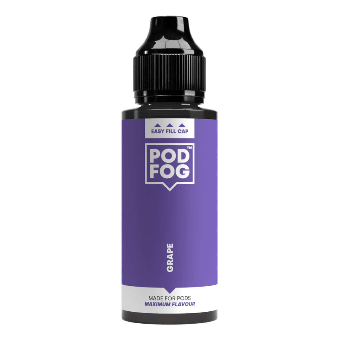 Purple POD FOG Grape 120ml Long Fill bottle for e-cigarettes, ideal for pod devices, offers maximum flavor with easy fill cap.