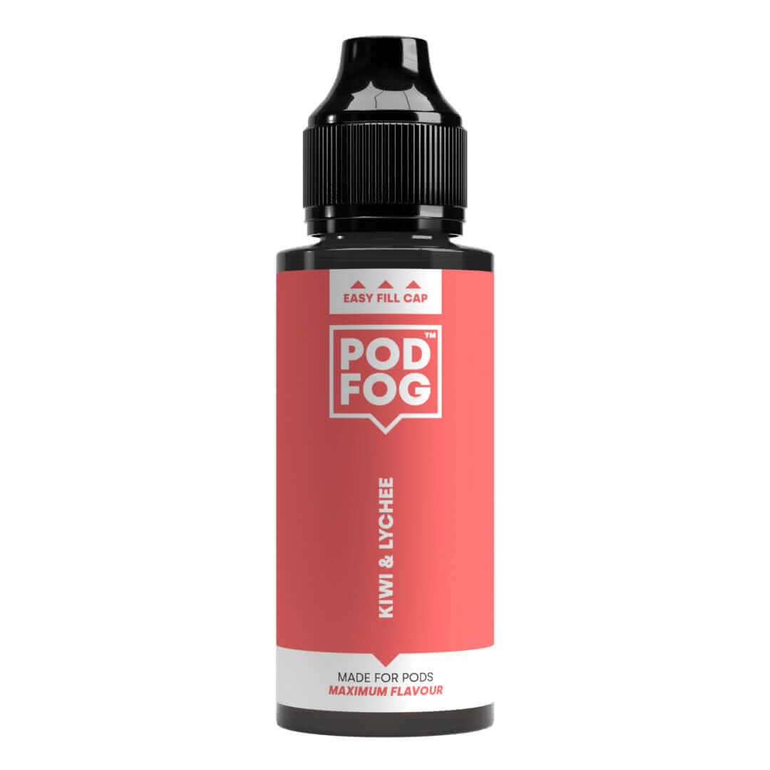 POD FOG Kiwi & Lychee 120ml Long Fill e-liquid bottle for pod devices, offering maximum flavor with a 50/50 mix.