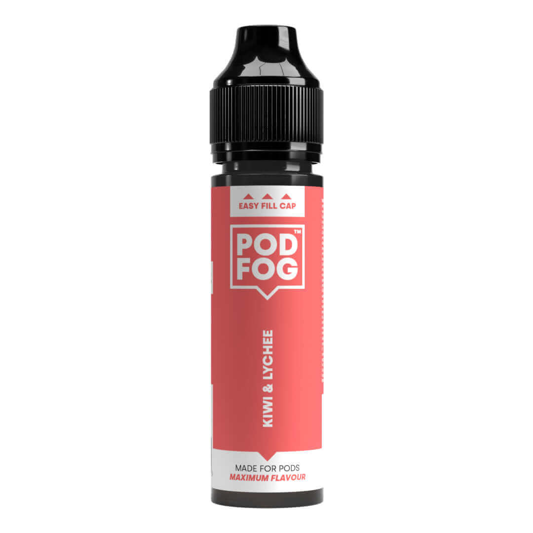 Kiwi & Lychee POD FOG 60ml Long Fill vape juice bottle with easy fill cap, ideal for pod devices, offering maximum flavor and 50/50 mix.