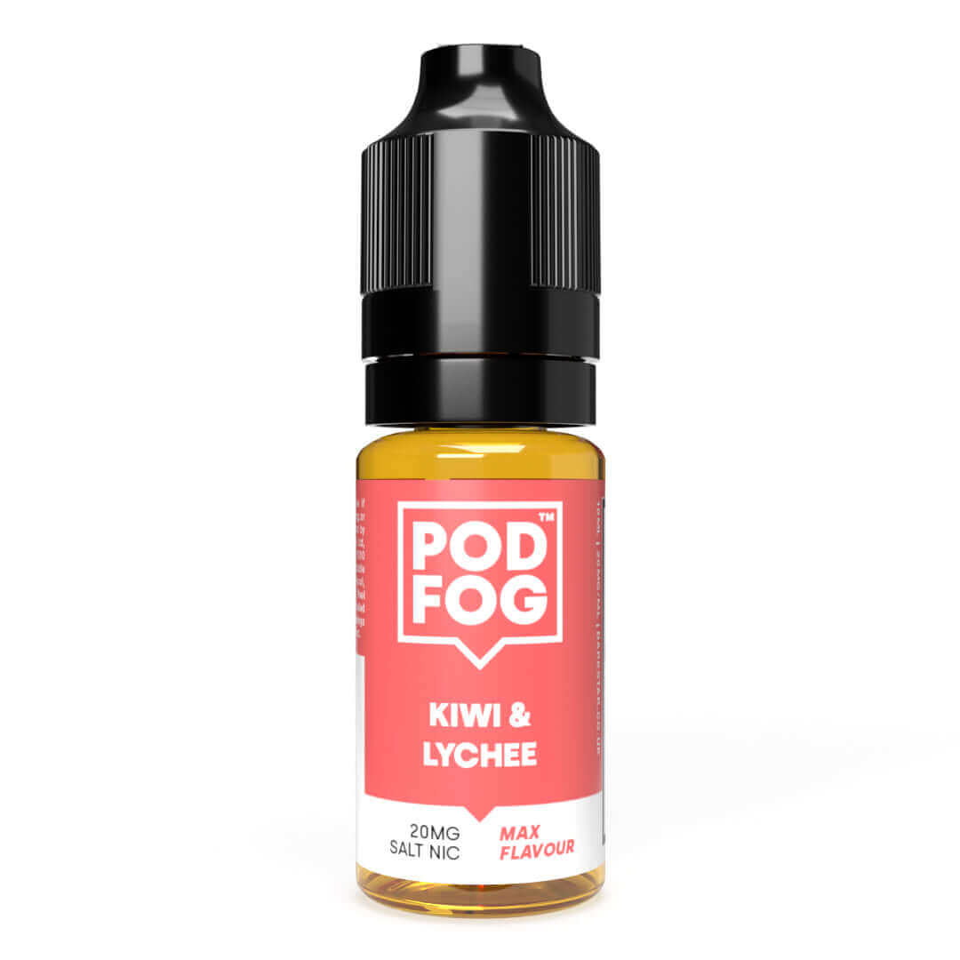 POD FOG Kiwi & Lychee Nic Salt E-Liquid 10ml bottle, 20mg strength, flavorful vape experience.