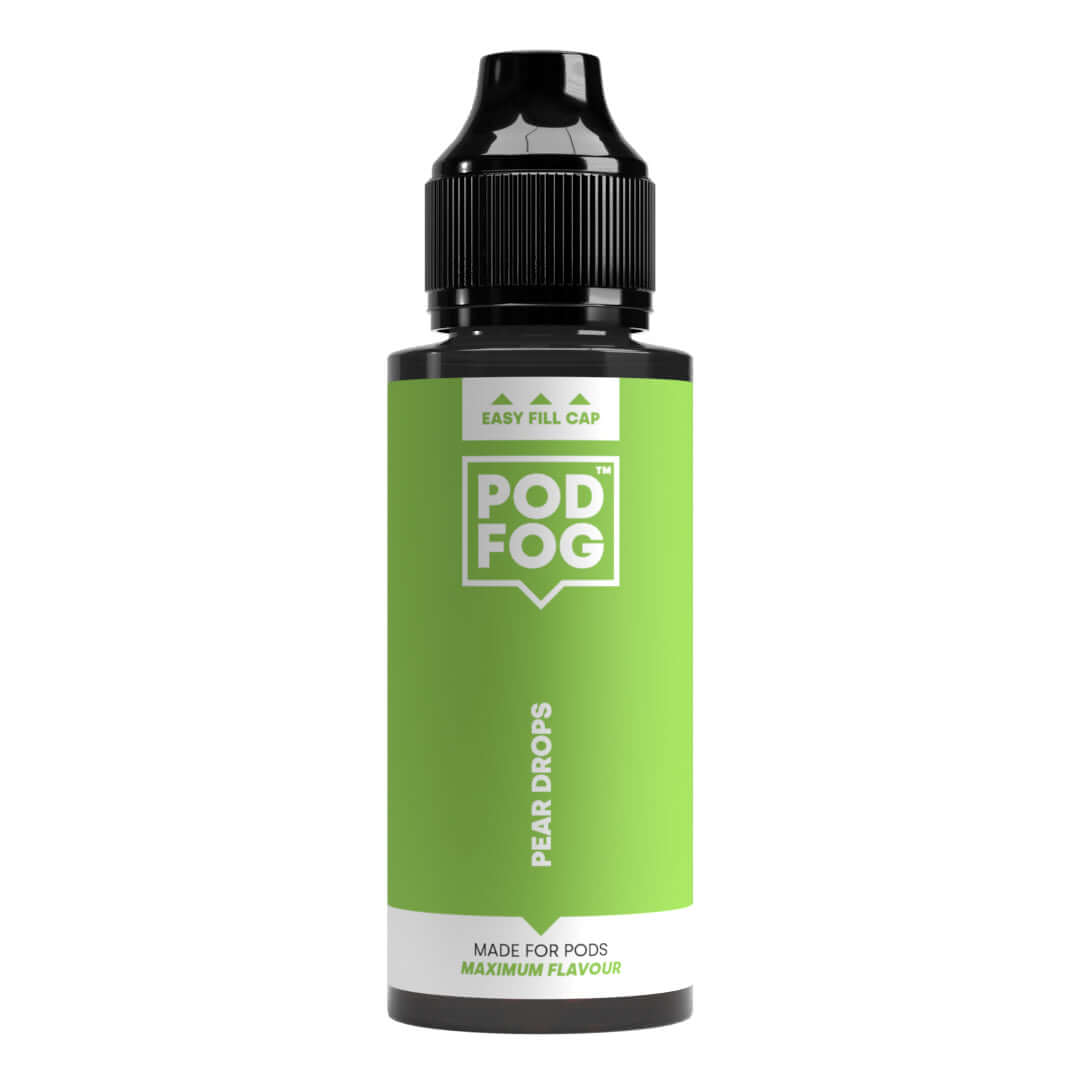 POD FOG Pear Drops 120ml Long Fill e-liquid bottle with easy fill cap, ideal for pod devices, enhance your vaping experience.