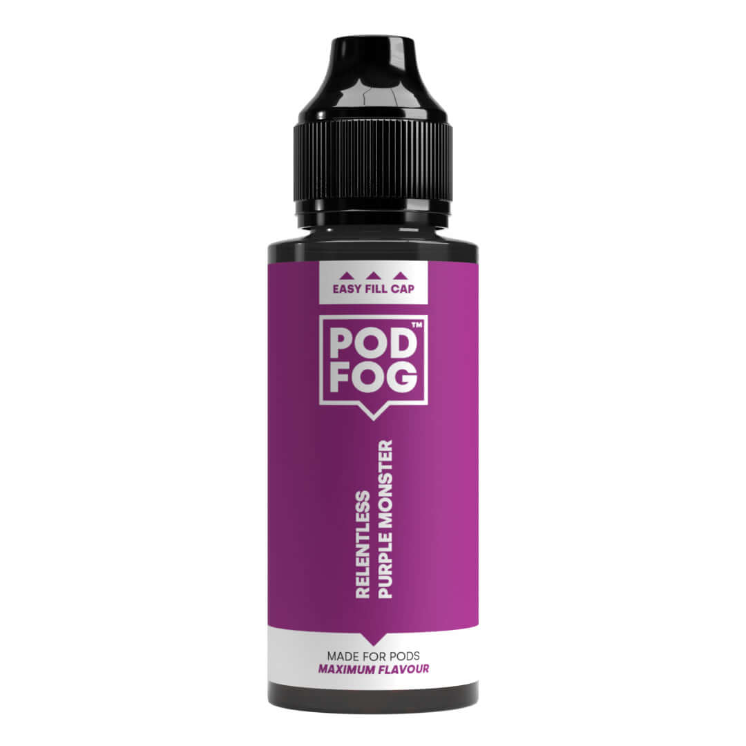 Relentless Purple Monster 120ml Long Fill Bottle with intense guava and fruit flavor, perfect for pod devices, by POD FOG.