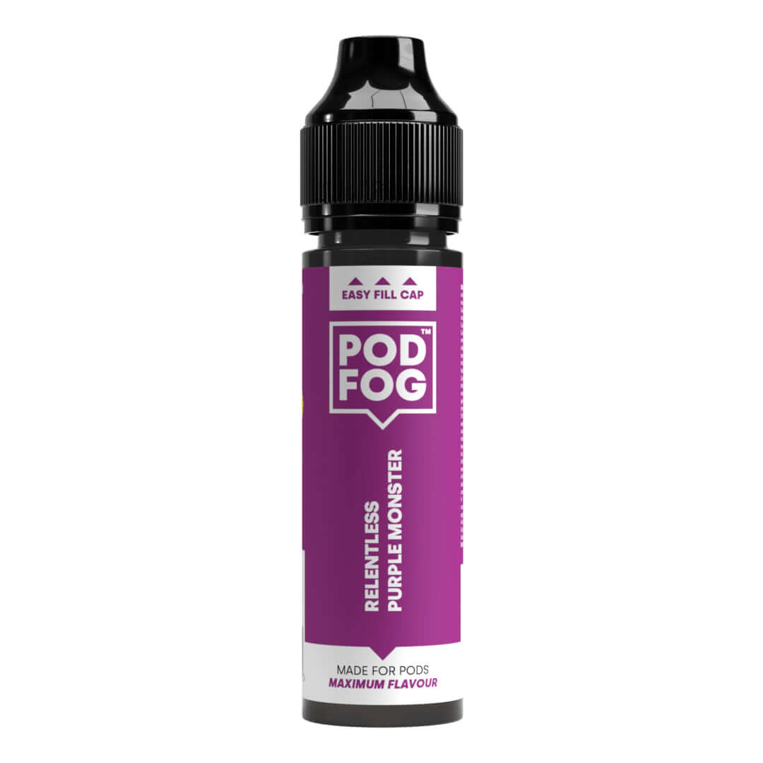 Relentless Purple Monster 60ml Long Fill by POD FOG, a guava energy drink vape flavor, perfect for pod devices with 25% flavor concentrate.