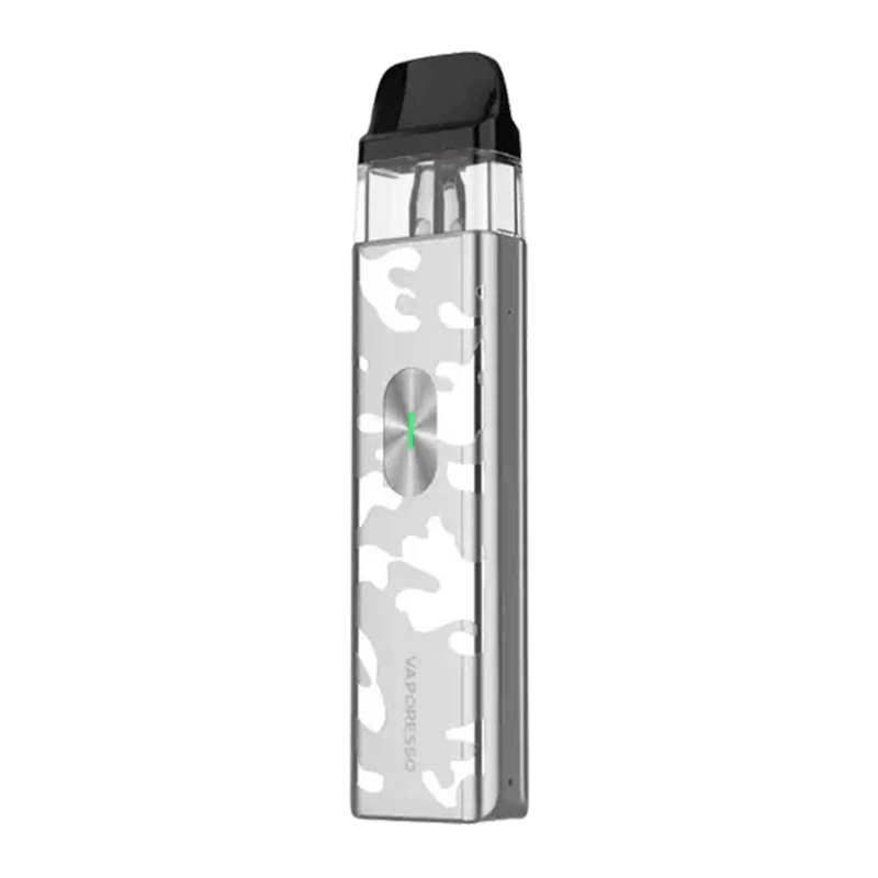 Vaporesso XROS 4 Mini Pod Kit in silver camo design, featuring compact aluminium body and powerful 1000mAh battery for portable vaping.