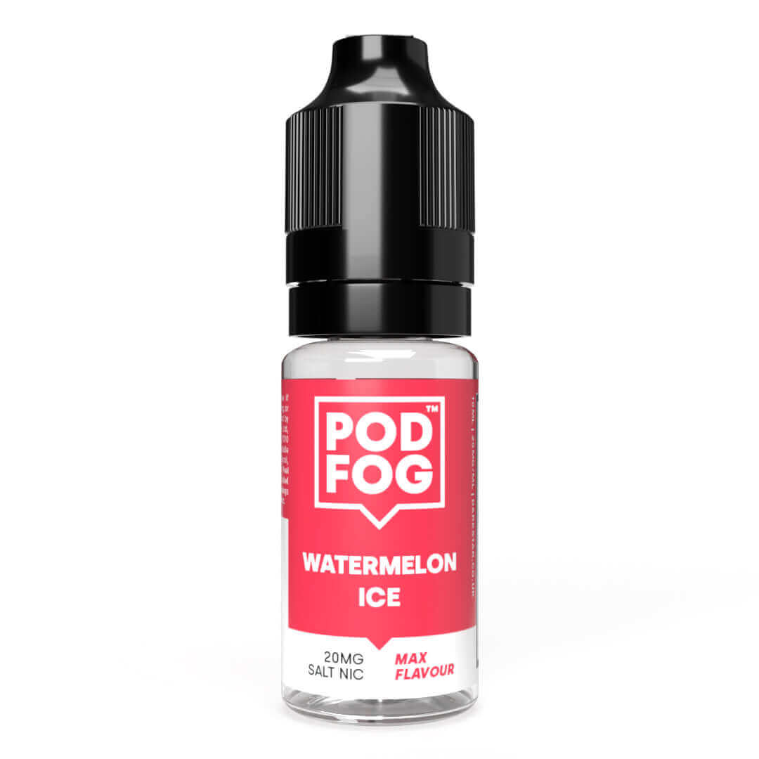 POD FOG Watermelon Ice Nic Salt E-Liquid bottle, 20mg, 10ml, bright red label with max flavor, perfect for pods.